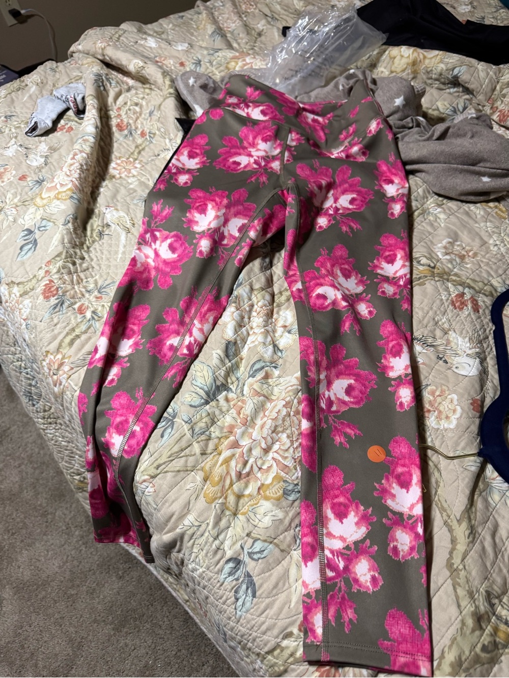 Free People Olive Leggings with Bright Pink Floral Print